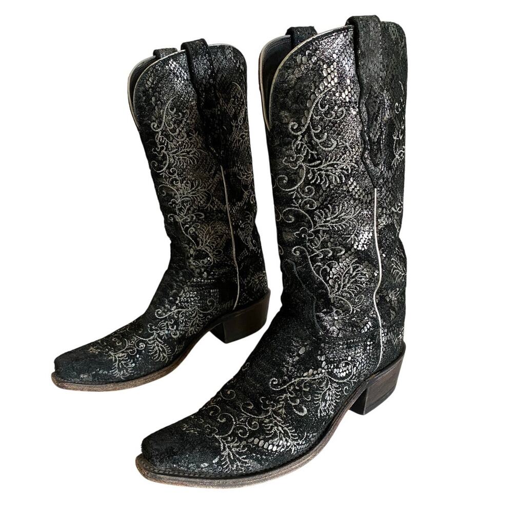 Lucchese Black Suede Snake Print‎ + Embroidered Snip Toe Western Boots Womens 8B